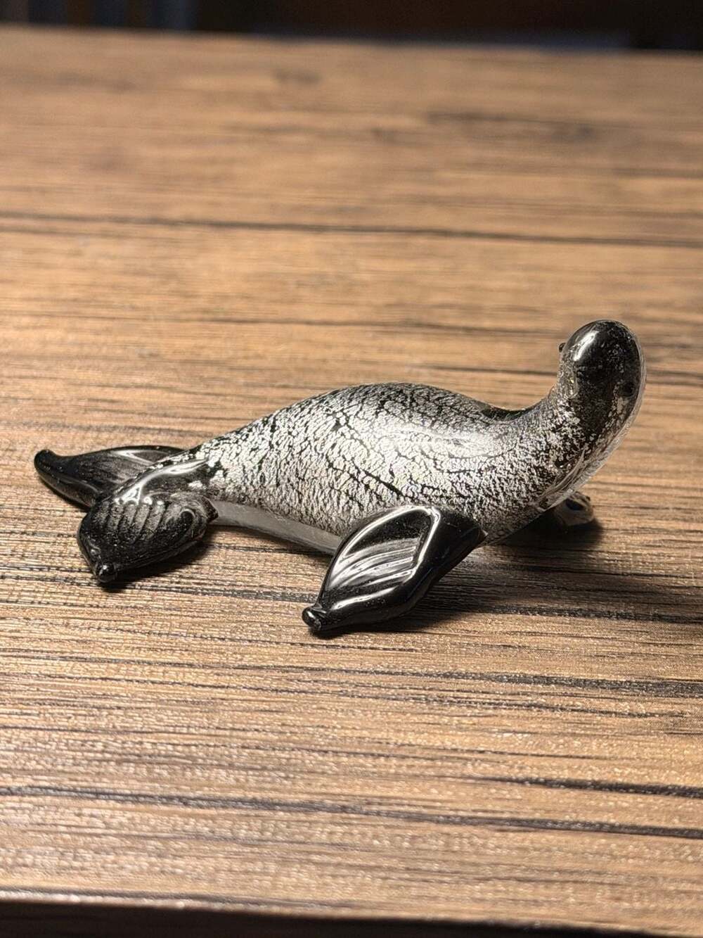 Art Glass Sea Lion Figurine Black And Silver Foil